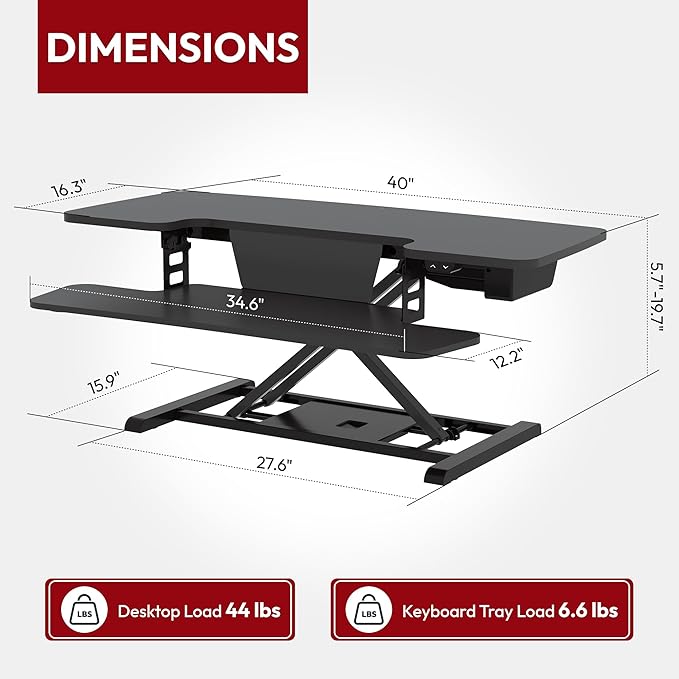 SANODESK 40" Electric Standing Desk Converter， Height Adjustable Riser for Office Home,Dual Monitor and Laptop Workstation with Large Keyboard Tray, Black Color