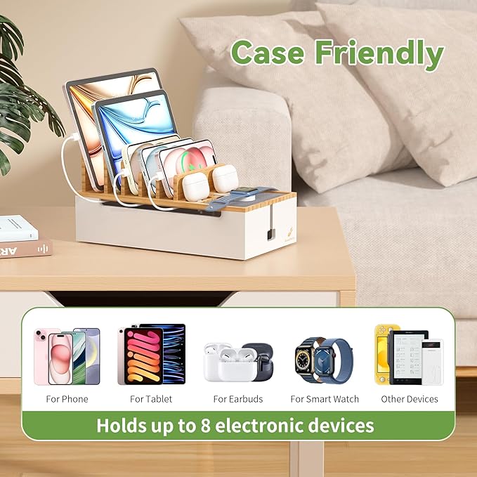 Pezin Hulin Multi Devices Charging Station, with USB Power Adapter HUB, and 6 Wire Cables - Cord Organizer Management, Cell Phone Charger Dock Stand, Desktop Cord Hider Box - Natural +White