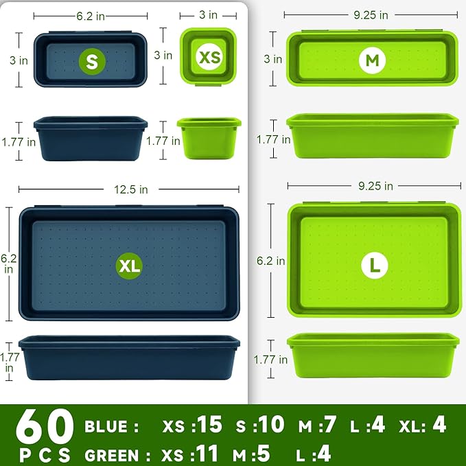 FLYVOLE Tool Box Organizer Tray, Toolbox Desk Drawer Organizer, Tool Box Tray, Toolbox Organization Storage for Rolling Tool Chest (60PCS (Blue+Green))