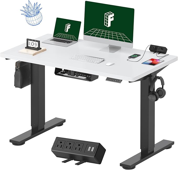 FLEXISPOT EN2 Whole-Piece Standing Desk with Clamp Power Strip, 48 x 24'' Electric Stand Up Height Adjustable Desk with Cable Management (Black Frame + 48" White Top, 2 Packages)