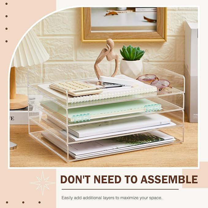 Harloon 4 Tier Acrylic Paper Tray 13 x 10 x 1.7 Inches Stackable Letter Clear Organizer No Need to Assemble Acrylic Paper File Organizer for Office Workspace Desktop Storage (Transparent)