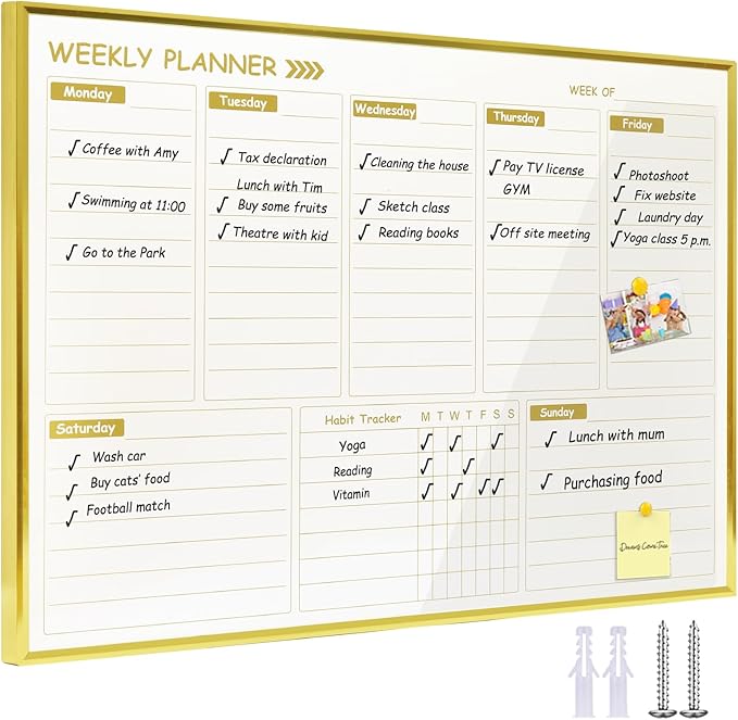 Gold Weekly Dry Erase Board for Wall,12"x16",Small Magnetic Dry Erase Weekly Calendar Board,Gold Metal Frame Weekly Planner Whiteboard for to Do List, Memo, School, Home, Office, Kitchen-GZ