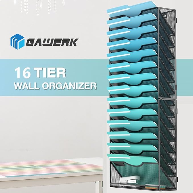 Gawerk 15-Tier Wall File Organizer Hanging Wall File Holder Wall Mount Paper Folder Organize, Mesh Magazine Document Mail Organizer Wall Organizer for Office School Home, Black
