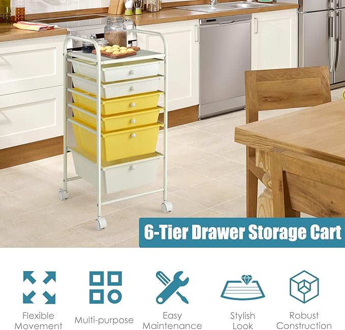 RELAX4LIFE 6-Drawer Rolling Storage Cart - Classroom Organization on Wheels w/Removable Plastic Drawers, Mobile Art Craft Cart for School Paper Home Office, Utility Cart with Drawers (Yellow)