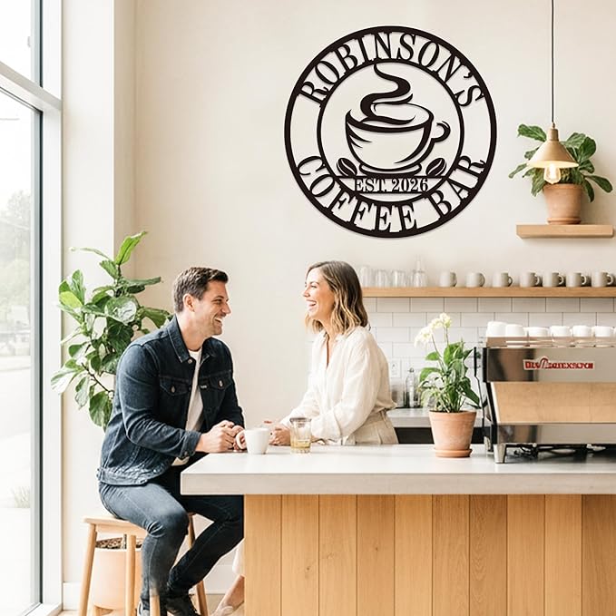Personalized Coffee Bar Metal Sign, Custom Name Wall Art for Kitchen or Cafe, Coffee Station Decor, Housewarming Gift for Family or Couple, Custom Home Wall Ornament