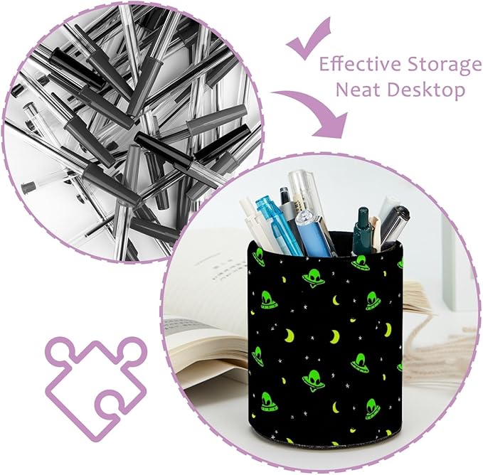 Leather Pen Holder for Desk Green Alien Moon Pencil Cup Desktop Organizer Makeup Brush Holders Office Supplies for Home, Kids & School