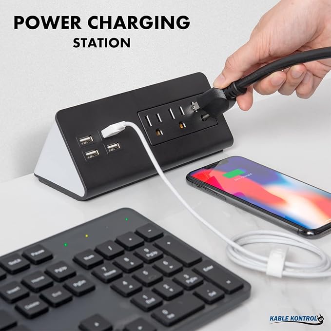 Kable Kontrol Desk Clamp Power Strip with 4 USB-A Ports, Nightstand Charging Station, 3 AC Outlets, Fast Charger, Easy Installation for Home, Offices, Hotels – 4.9 Ft, Black, 20 Pcs