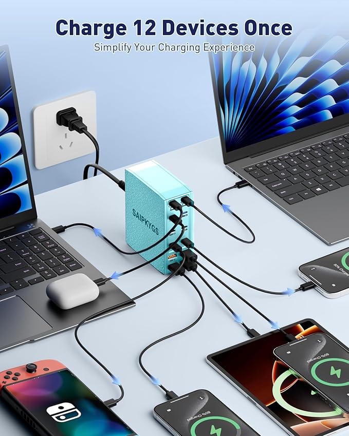 SAIPKYGS Charging Station (600W),12-Port USB C Charger Block with Dual 100W PD USB-C Fast Charging Station Hub for MacBook Pro/Air/All iPad Phone 17/16 15/14/13/Pro Max/Samsung Galaxy Note(Green)