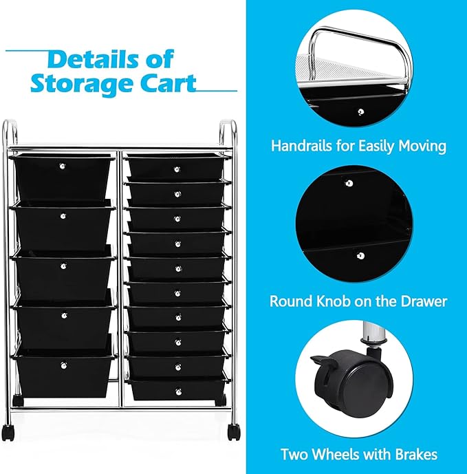 DORTALA 15-Drawer Rolling Storage Cart with Drawers, Rolling Utility Cart w/Removable Drawers & Universal Wheels, Tools Scrapbook Paper Organizer for School, Office, Home, Classroom (Black)