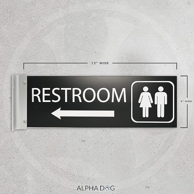 ALPHA DOG SIGNS Corridor Projecting Hallway Bathroom Sign, Left Arrow, 4"x12" Double Sided, Indoor/Outdoor, Easy Install, Durable Business Wayfinding Plaque, USA-Made (Black)