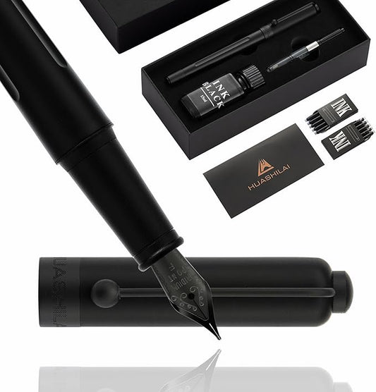 HUASHILAI Luxury Matte Black Forest Fountain Pen Set,Titanium Black Extra Fine and Medium Nibs,Includes 2 Ink Converters,10 Ink Cartridges,15ml ink，Premium Gift Case for Calligraphy (Fine Nib)