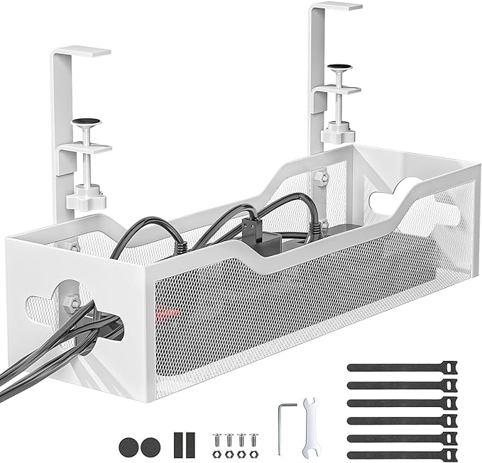 Under Desk Cable Management Tray White, Litwaro Cable Management Under Desk No Drill, Cable Organizer with Clamp for Wire Management, Cord Organizer for Office, Home No Damage to Desk