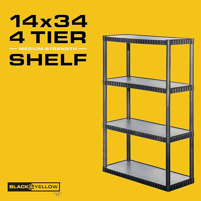 CENTREX CX 4-Tier (52.1”H x 34.8”W x 14.6”D) Plastic Storage Shelving Unit (Black), Medium Duty, 75lbs Per Shelf Capacity, Indoor Storage and Organization in Home, Garage, Office with Easy Assembly