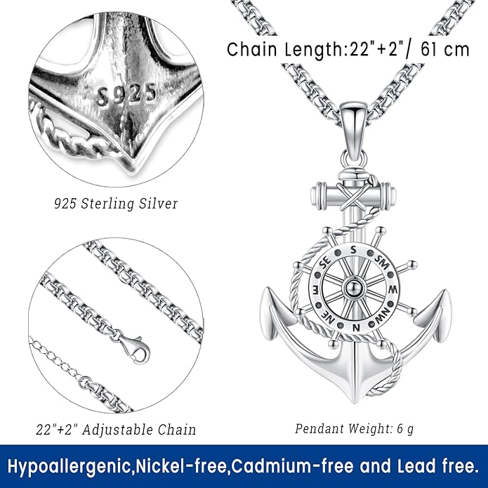 Compass Necklace for Women Men 925 Sterling Silver Pendant Urn Necklaces for Ashes Picture Locket Necklace Anchor Necklace Viking Necklace Crystals CZ Moonstone Abalone Shell Turquoise Compass Jewelry
