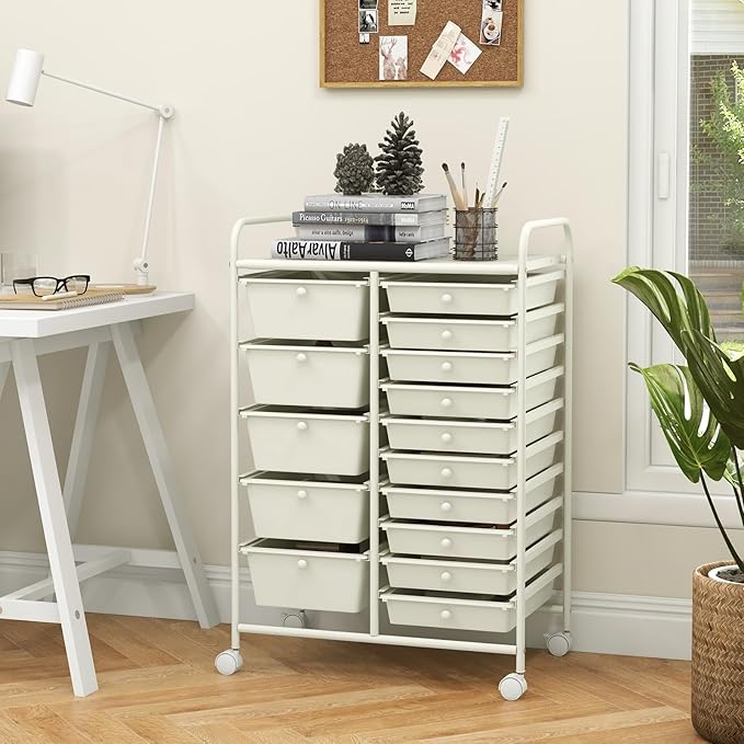 LDAILY 15 Drawer Rolling Storage Cart, Rolling Cart with Drawers for Classroom, Art Supply Craft Organizer on Wheel with Metal Frame & Handles for Home Office School