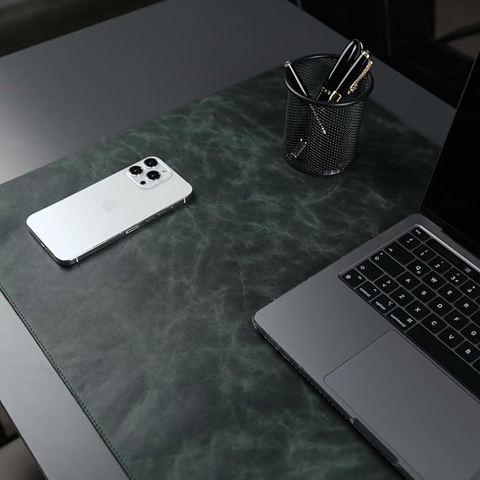 TORONATA Jersey Genuine Calfskin Leather Desk Pad, Office Desk Mat with Non-Slip Bottom, Smooth Surface for Mouse & Keyboard, Desk Protector (36x19 inches) (Dark Green)