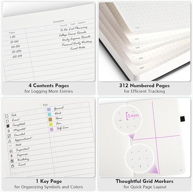 OFFIGIFT Bullet Dotted Journal Notebook, 312 Numbered Pages A5 Hardcover Leather Journal, 100gsm No Bleed Paper Dot Grid Notebook with Index Pages, Dot Journal for Women Men, 5.75" x 8.38", Burgundy