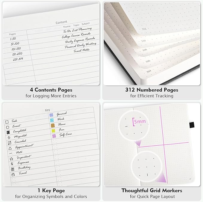 OFFIGIFT Bullet Dotted Journal Notebook, 312 Numbered Pages A5 Hardcover Leather Journal, 100gsm No Bleed Paper Dot Grid Notebook with Index Pages, Dot Journal for Women Men, 5.75" x 8.38", Pink