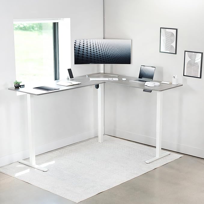 VIVO Electric Corner 75 x 63 inch L-Shaped Standing Desk, Memory Height Adjustment, Dark Gray Top White Frame, DESK-E3CTWG-75