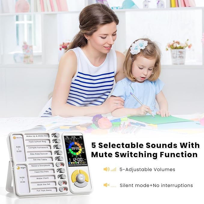 3-in-1 Visual Timer & ADHD Tool for Kids and Adults, 12/24H Silent Task Timer with Chore Chart, Visual Schedule for Children with Autism, Daily Checklist with Pomodoro Timer, Alarm Clock - White
