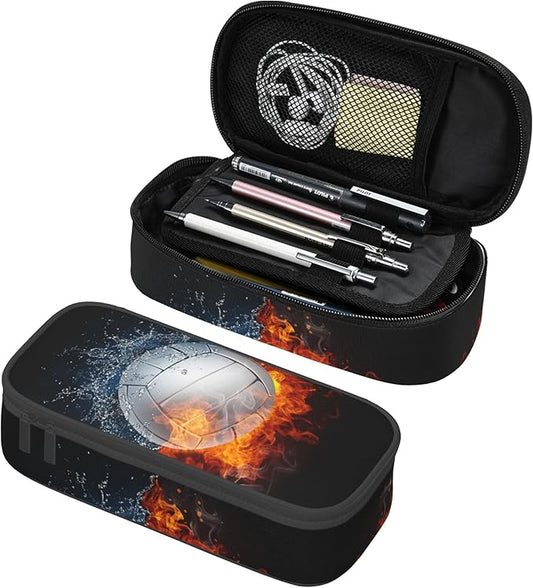 Sports Volleyball Pencil Box Black Kids Teens Pencil Pouch for Boys Girls, Big Capacity Canvas Pen Holder Marker Case, Portable Travel Storage Bag Stationery Organization Bag Desk Office Organizer