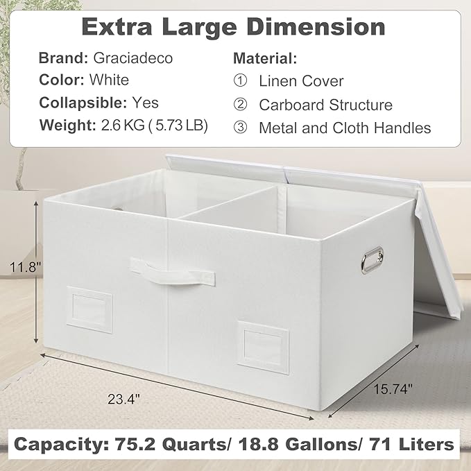 Graciadeco 75 Quarts Extra Large Decorative Storage Bins with Lids, 1 Pack White Collapsible Storage Bins with Lids, Stackable Storage Bins Decorative Box Storage With Lid Extra Large