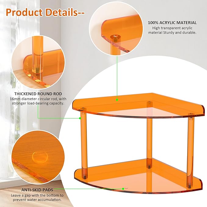 Sezanrpt 2 Tier Acrylic Corner Shelf Organizer Storage 9.5x9.5x8 Inch, Orange Countertop Corner Shelf for Bathroom, Kitchen, Bedroom, Office, Study Room