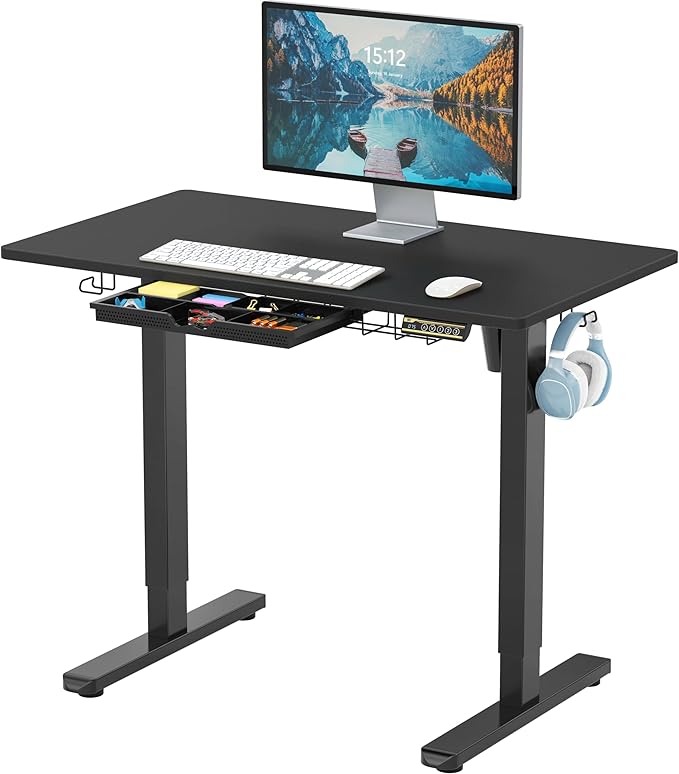 SHW 40-Inch Electric Height Adjustable Standing Desk with Drawer, Memory Preset and Cable Management Tray, Black