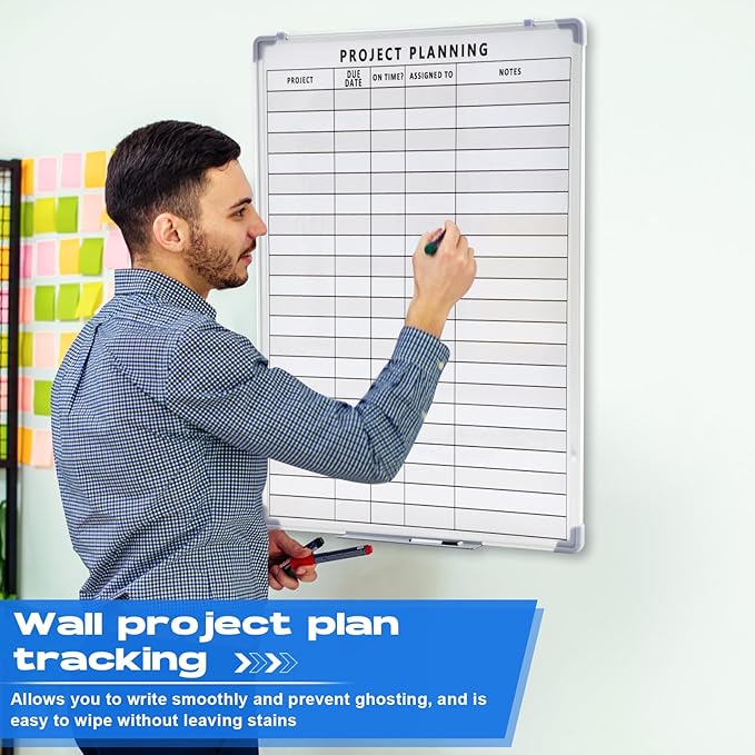 Lincia Project Planning Dry Erase Whiteboard Magnetic Dry Erase Board with Lines Sliding Marker Tray Aluminum Frame White Board Planner for Wall Scheduling(24"x 36",Project Planning Vertical)