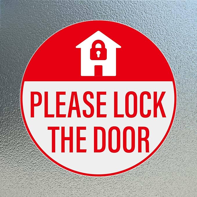 YIKIADA Please Lock The Door Sticker 3 × 3 Inches Vinyl Self-Adhesive Decals Waterproof Close Door Warning Labels Gate Office Window Indoor Clings 10 Pack