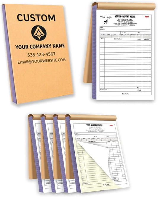 Custom Carbonless Invoice Book with Logo, Personalized Cover & Inner Pages, 2 Part NCR Receipt & Work Order Forms, Easy Tear, Writing Shield for Small Business (2-Part [White/Yellow], 8.3 x 5.5INCH)