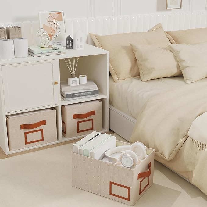 OUTBROS Foldable Storage Box for Shelves, 15.7 x 11.8 x 7.9 inch Fabric Baskets, Wardrobe Organiser with Handles, Suitable for Storing Clothes, Books, Cosmetics (Beige, 3-Pack)