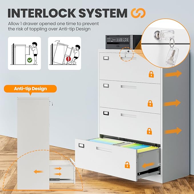 AFAIF 4 Drawer File Cabinets for Home Office, Metal Filing Cabinet with Lock, White Locking File Caninet Four Drawer, Office Storage Caninets Steel Cabnet for Letter/Legal/A4/F4-Assembly Required