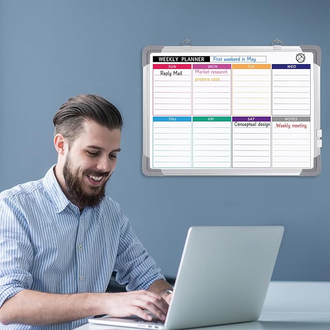 ARCOBIS Weekly Dry Erase Board for Wall, 12" x 16" Magnetic Calendar Whiteboard, Small Hanging Double-Sided White Board for Planning, Memo, to Do List, Drawing, School, Home, Office