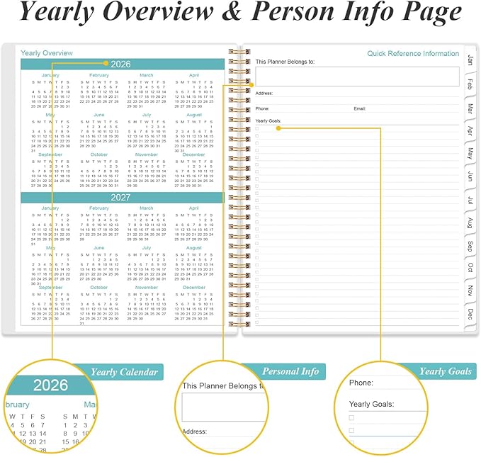 2026 Planner - Planner 2026 from January 2026 to December 2026 with 12 Monthly Tabs, Flexible Cover, Inner Pocket, 8.5" x 11", Teal Flowers