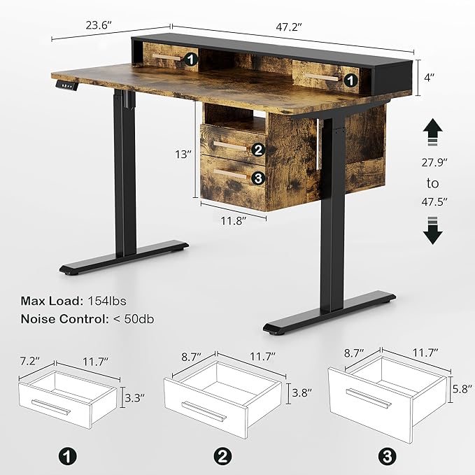 ModernMate Standing Desk with 4 Drawers, 47.2 x 23.6 Inch Whole Piece Height Adjustable Electric Sit Stand Desk, Computer Home Office Workstation with Open Storage Shelf, Rustic Brown