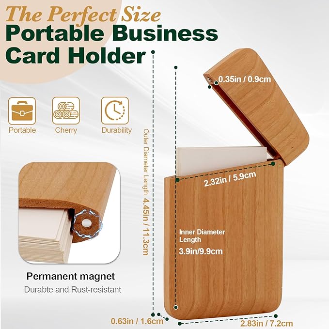 Yookin Wood Business Card Holder Wooden Magnetic Business Card Case Portable Simple (Cherry)