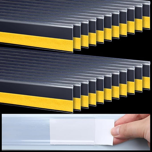 Fainne 50 Pcs 1.25 Inch Shelf Label Strip Holders Plastic Wire Shelf Price Tag Holder Self Adhesive Clear PVC Front and Back Labels Strip for Gondola Price Tag Wood Metal Rack, 48 Inches Long