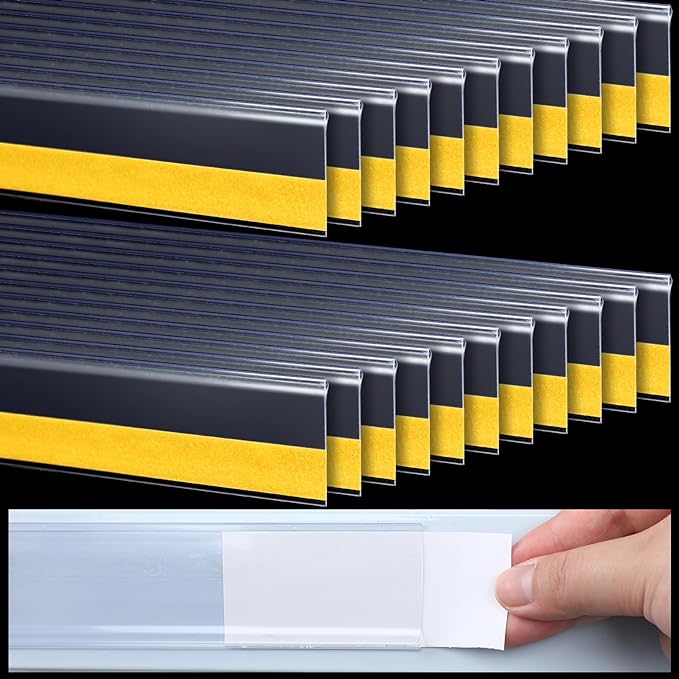 Fainne 100 Pcs Shelf Label Strips 1.25''H x 48 L Self Adhesive Shelf Label Holder Gondola Price Tag Stick on Plastic Clear Ticket Channel for Metal Wood Plastic Rack