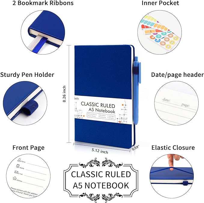 feela 8 Pack Journal Notebook Bulk for School, Hardcover Business Notebooks Classic Ruled Lined Journals with Pen Holder for Work Note Taking, with 8 Black Pens, 120 GSM, 5.1”x8.3”, A5, Navy
