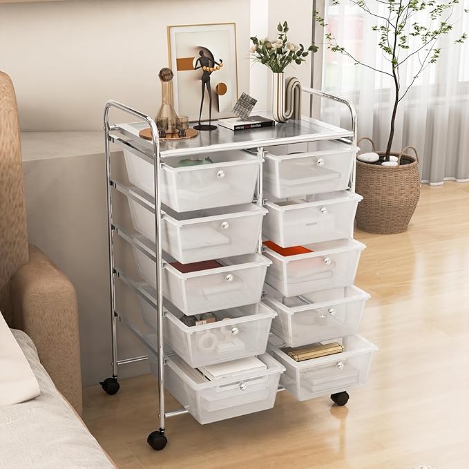 GLACER 10 Drawer Rolling Cart, Storage Cart with Lockable Whieels & Metal Frame, Trolley for Art Craft Oganizer, Mobile Utility Cart for Office, School, Classroom, Kitchen (Clear White)