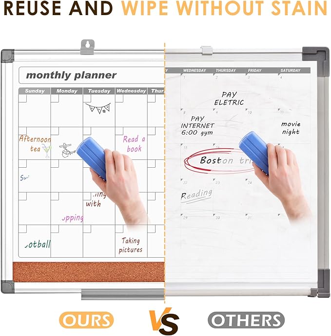 MAKELLO Dry Erase Calendar for Wall 36" x 24", Large Calendar Whiteboard with Cork Board for Office, Home, School, Family, Kitchen and Bedroom, 3' x 2'