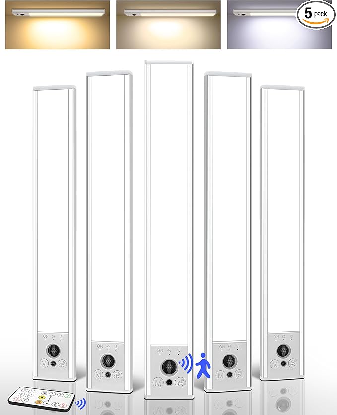 EZVALO 5 Pack Under Cabinet Lighting, 3200mAh Rechargeable Motion Sensor Light, 12inch Magnetic Closet Lights with Dimmable & 3 Color Temps, Wireless Motion Activated Lights with Remote for Kitchen