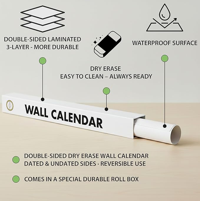 Dry Erase Wall Calendar 2026, 27×39 in — Double-Sided Yearly Planner (Dated & Undated), Reusable Write & Wipe, Large Wall Planner for Home, Office, Classroom — Rolled Poster.