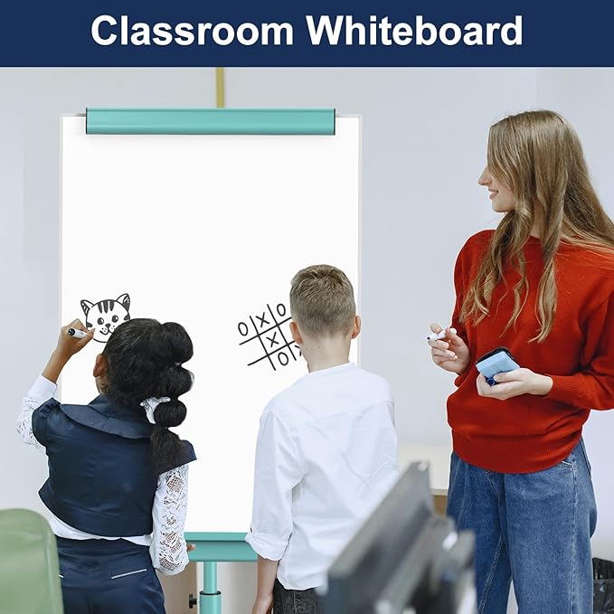 TSJ OFFICE Rolling Whiteboard Standing - 40 x 26 Inches Magnetic Mobile White Board with Stand, Height Adjustable Dry Erase Board on Wheels with Paper Clamp on Top, Light Blue