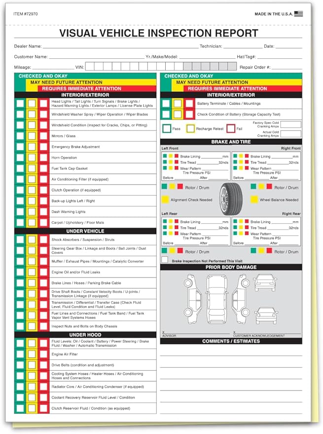 Visual Vehicle Inspection Report – 2-Part Carbonless Vehicle Checklist, Snap-Out Auto Service Forms, Fleet Maintenance Logs, Car Checkup Sheets - White & Canary 8.5"×11" - Pack of 250