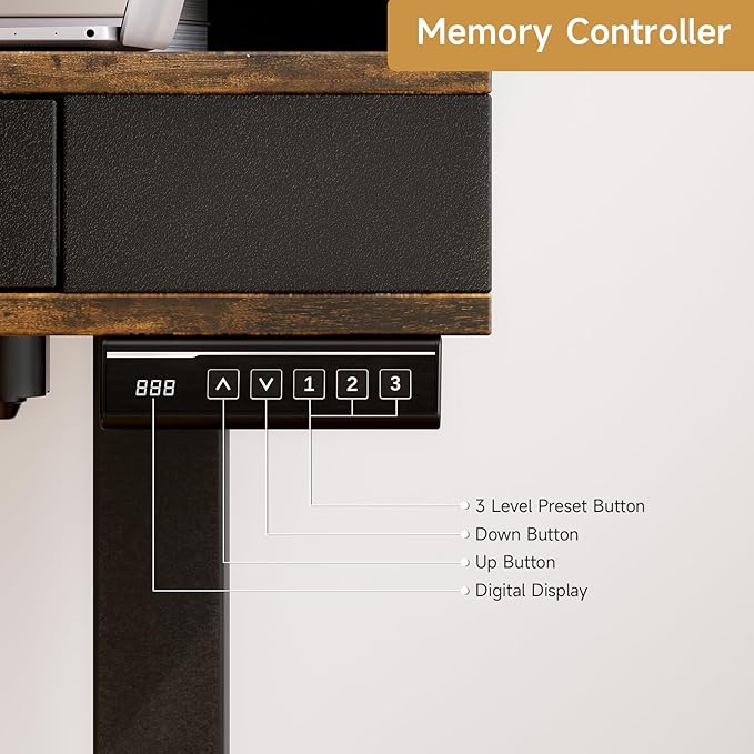 Standing Desk with Drawers, 47x23.6" Whole Piece Electric Stand Up Desk with Storage Shelf and Memory Controller, Sit Stand Desk Adjustable Height from 28-46" for Computer Workstation, Rustic Brown