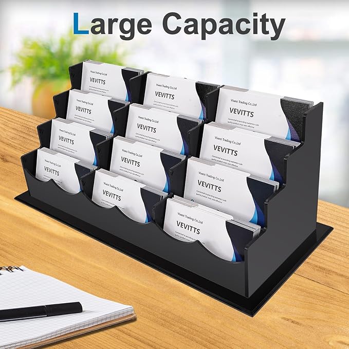 Vevitts Business Card Holder, Acrylic Business Card Display, Clear Desktop Business Card Stand for Exhibition, Home & Office Black 4 Tiers 12 Slots