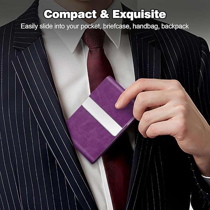 Business Card Holder for Women or Men, Business Card Case with PU Leather and Stainless Steel, Slim Metal Case with Magnetic Closure for Business Meeting Use