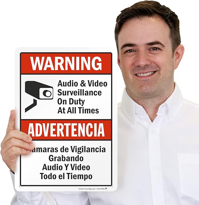 SmartSign 14 x 10 inch “Warning - Audio & Video Surveillance On Duty At All Times” Bilingual Sign, Digitally Printed, 55 mil HDPE Plastic, Red, Black and White, Made in USA